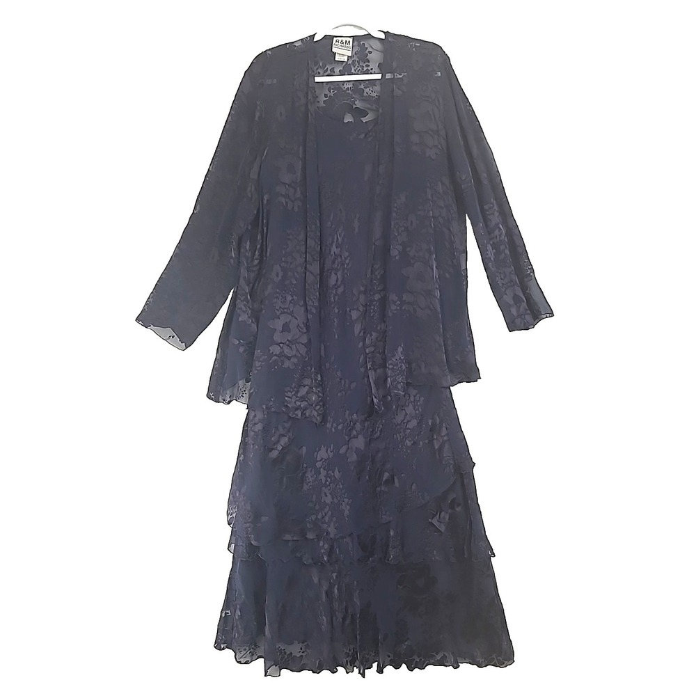 Vtg R&M Richards Silk Blend Tiered Dress Maxi w Blazer Sz 18 Navy Made in USA